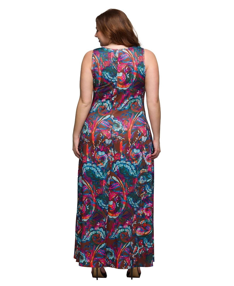 24seven Comfort Apparel Plus Print Scoop Neck A-Line Sleeveless Maxi Dress