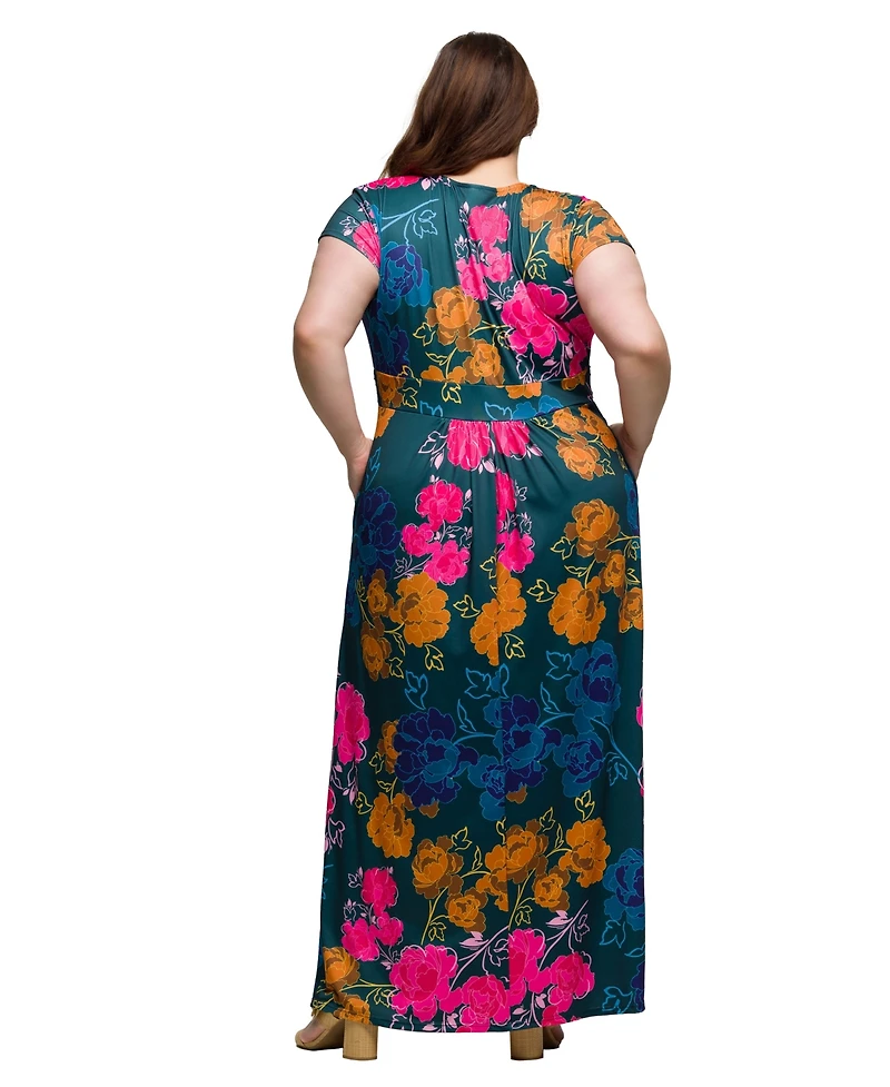 24seven Comfort Apparel Plus Cap Sleeve V-Neck Side Slit Pocket Maxi Dress