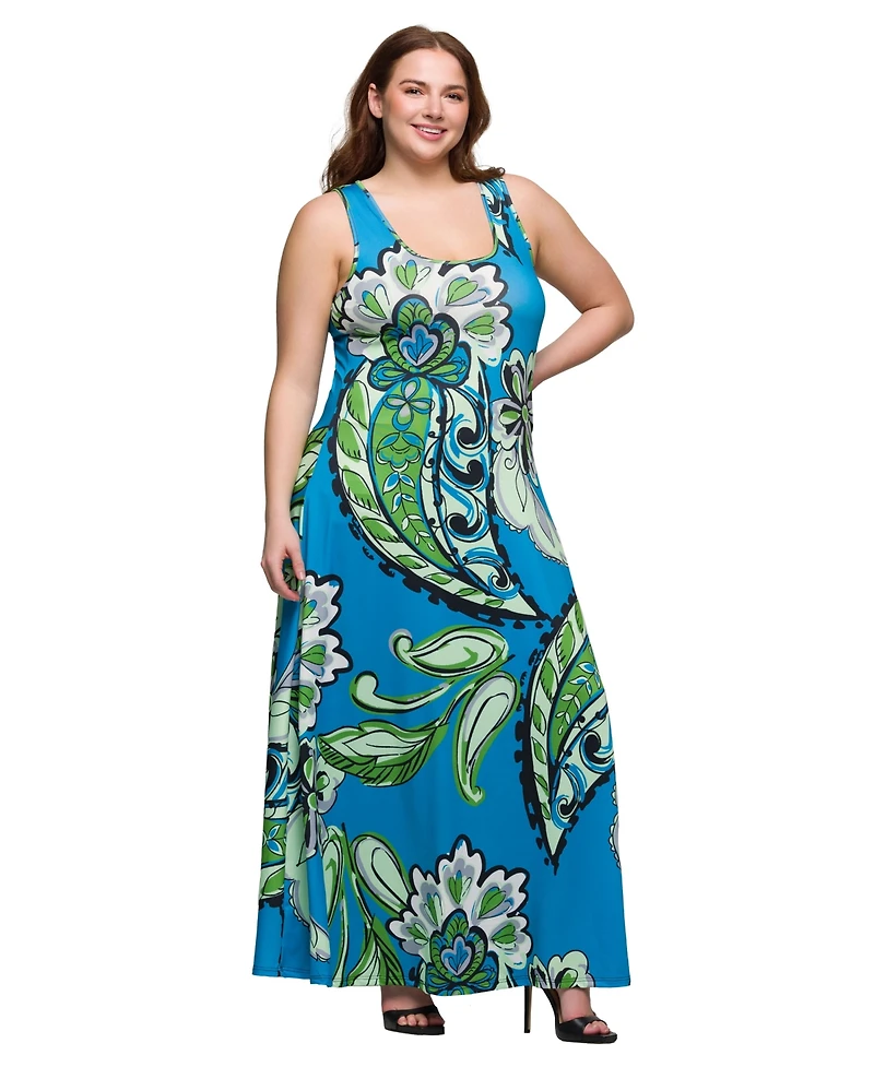 24seven Comfort Apparel Plus Print Scoop Neck A-Line Sleeveless Maxi Dress