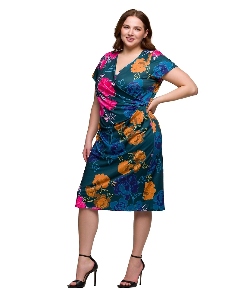 24seven Comfort Apparel Plus Knee Length Short Sleeve Faux Wrap Dress