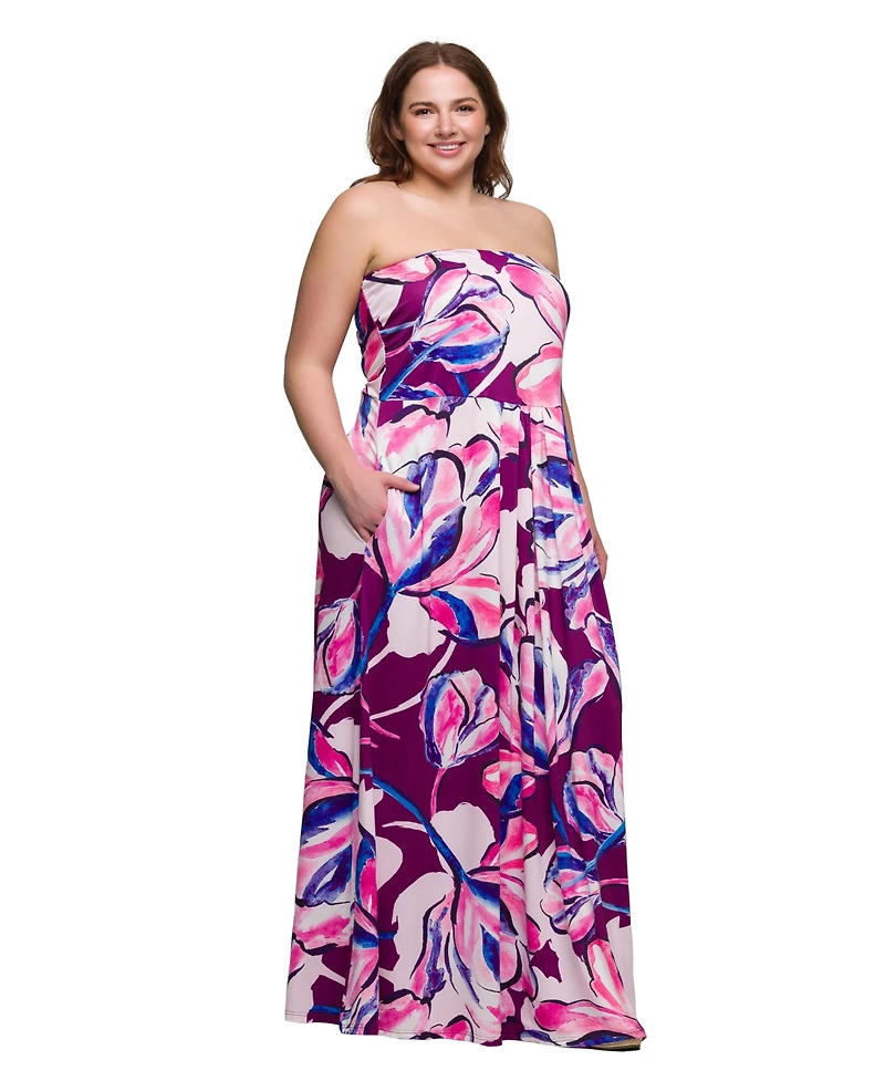 24seven Comfort Apparel Plus A-Line Strapless Maxi Dress with Pockets