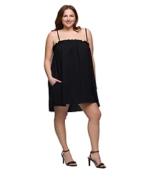 24seven Comfort Apparel Plus Square Neck Spaghetti Strap Smocked Pocket Mini Dress