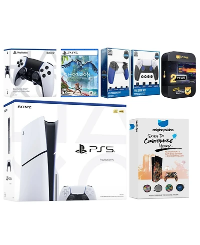 Sony Playstation 5 Slim Disc with Horizon Forbidden West, Extra Edge Controller, Trigger Stop Kit, Fps Grip Kit and MightySkins Decal Voucher + 2 Year