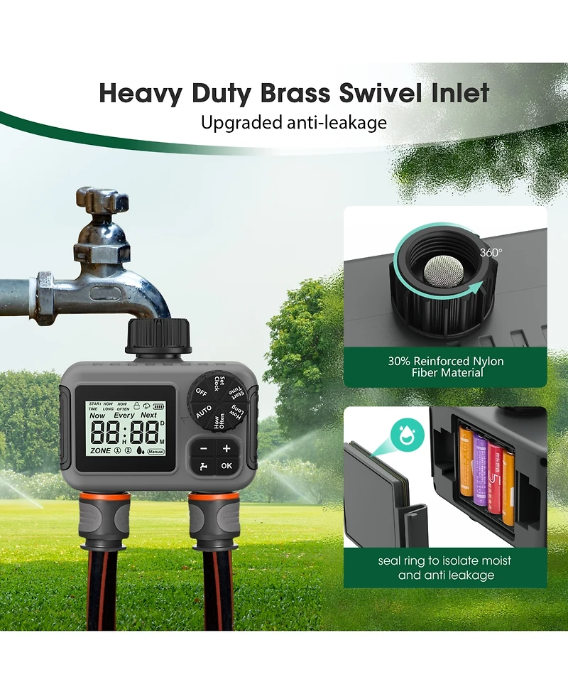 2 Zone Digital Water Timer Sprinkler Timer Outdoor for Lawn Garden Rain Delay Manual Automatic Watering
