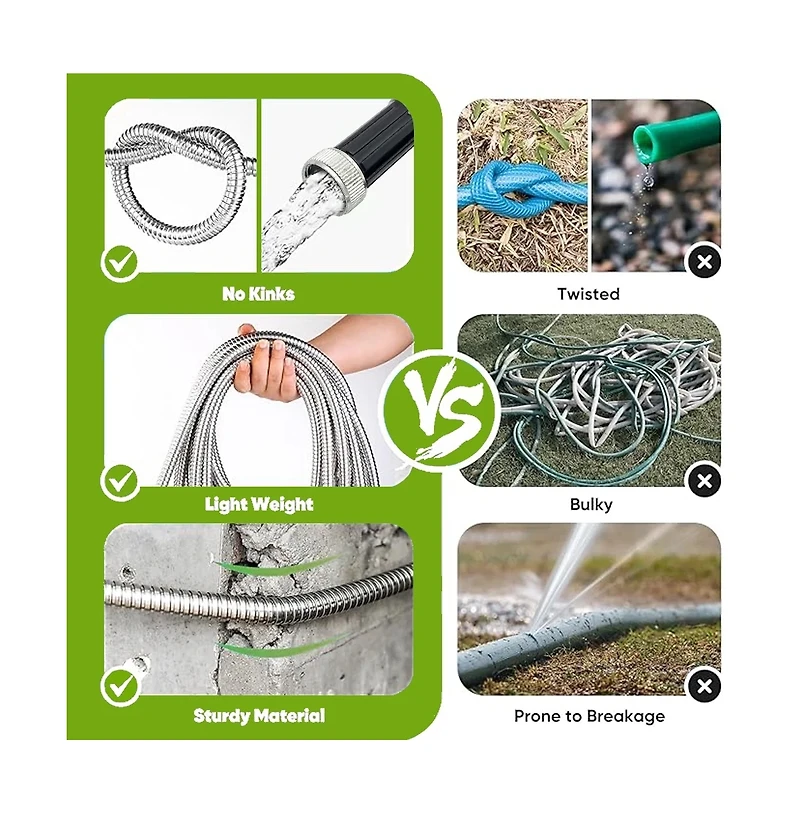Garden Hose Stainless Steel Heavy Duty Water Hose No-Kink Rust Proof for Yard Outdoor 100ft