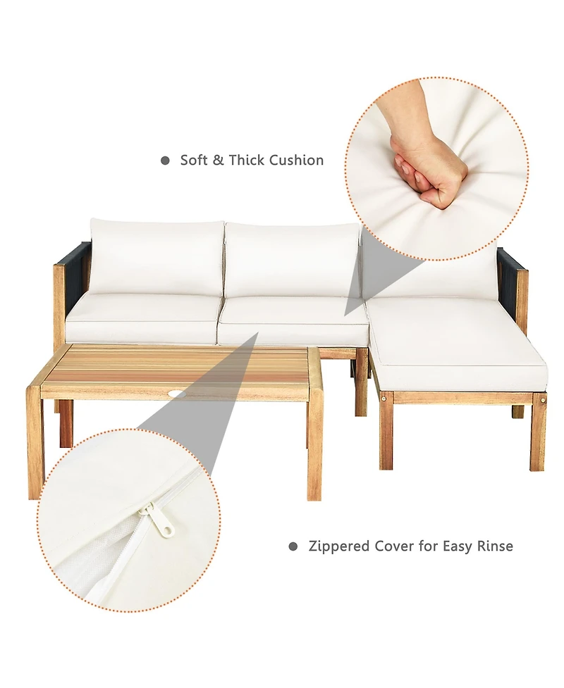 Gymax 3PCS Patio Acacia Wood Sofa Furniture Set Thick Cushion W/ Nylon Rope Armrest
