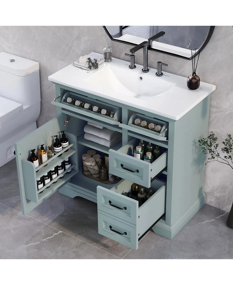 Streamdale 36" Bathroom Vanity with Sink, Ceramic Sink, 2 Tip-out Drawers, Soft Close Door Hinges, Grey