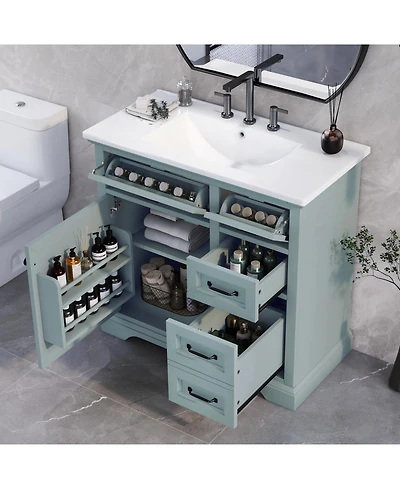 Streamdale 36" Bathroom Vanity with Sink, Ceramic Sink, 2 Tip-out Drawers, Soft Close Door Hinges, Grey