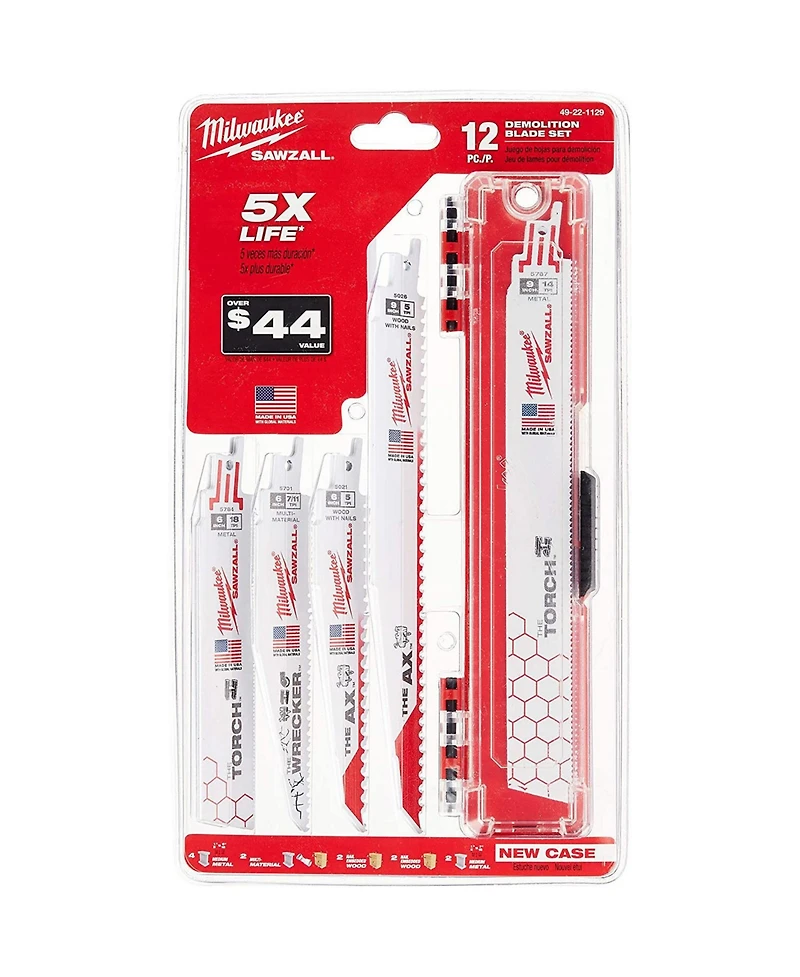 Milwaukee Sawzall Demolition Wood and Metal Cutting Bi-Metal Reciprocating Blade - 12 Piece Set - 49-22-1129