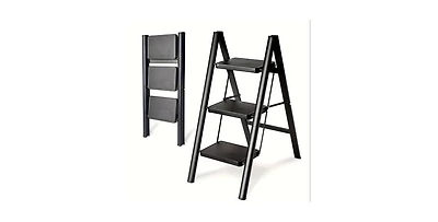 3 Step Ladder Aluminum Light Folding Step Bench Wide Non slip Pedal 300 lb Capacity Home Office Portable Ladder black