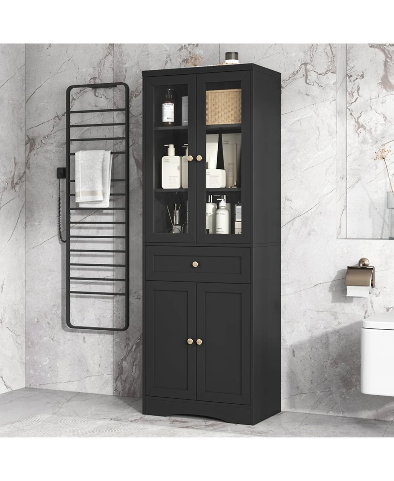 Tall Bathroom Storage Cabinet, Cabinet with Four Doors and Drawers, Adjustable Shelf, Mdf Board, Black