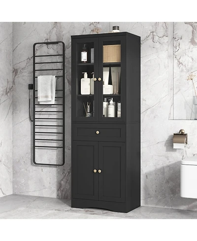 Tall Bathroom Storage Cabinet, Cabinet with Four Doors and Drawers, Adjustable Shelf, Mdf Board, Black