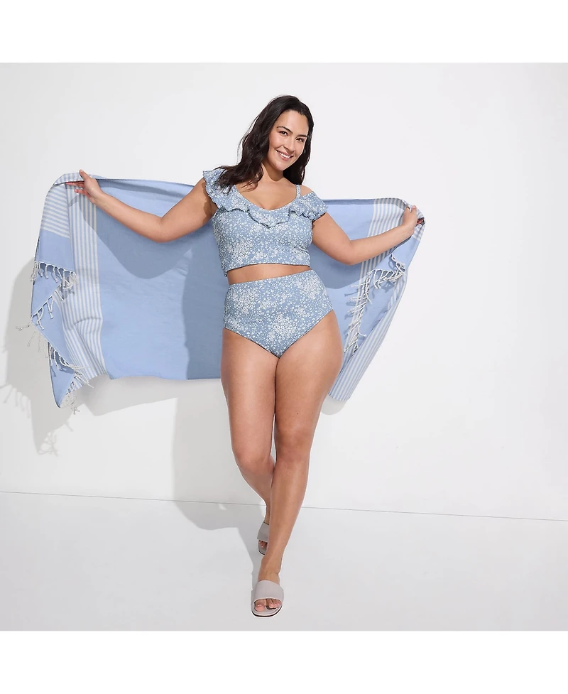 Lands' End Plus Pique Ruffle Midkini Top and High Waisted Bottom Swimsuit Set
