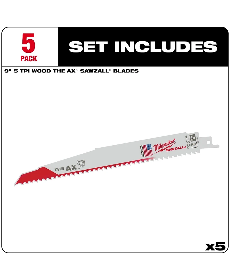 Milwaukee 9 in. 5 Tpi Ax Nail-Embedded Wood Cutting Sawzall Reciprocating Saw Blades - 5 Count - 48-00-5026