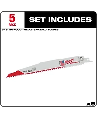 Milwaukee 9 in. 5 Tpi Ax Nail-Embedded Wood Cutting Sawzall Reciprocating Saw Blades - 5 Count - 48-00-5026
