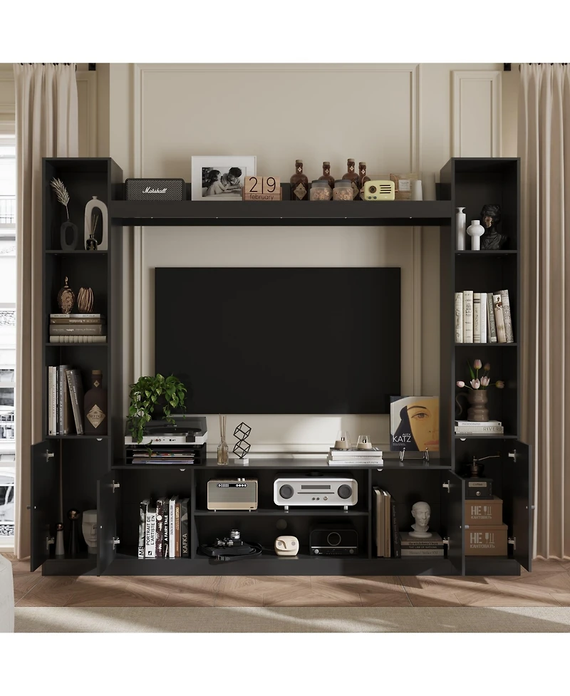 Black four-door Tv stand, media console with movable shelves, multi-purpose entertainment center