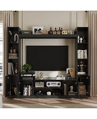 Black four-door Tv stand, media console with movable shelves, multi-purpose entertainment center
