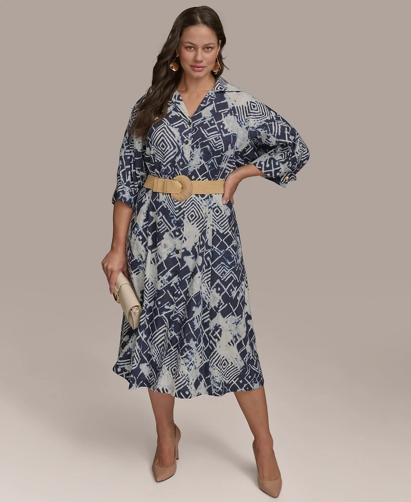 Donna Karan New York Plus Printed Belted 3/4-Sleeve Shirt Dress