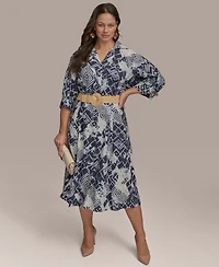 Donna Karan New York Plus Printed Belted 3/4-Sleeve Shirt Dress