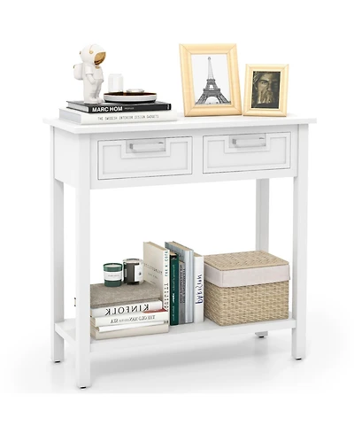 Narrow Console Table with Drawers and Open Storage Shelf