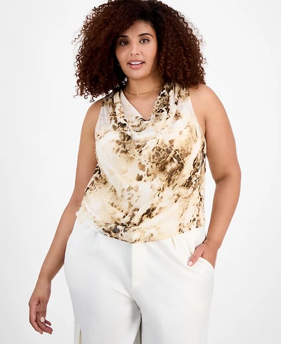 Bar Iii Plus Printed Chiffon Cowlneck Sleeveless Top, Exclusively at Macy's