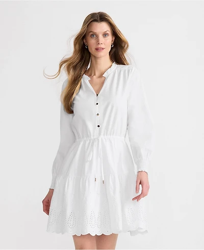 Lands' End Women's Long Sleeve Eyelet Mini Popover Dress