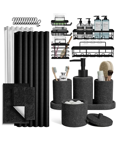 Complete Burlap-Texture Polyresin Bathroom Decor & Accessory Set with Shower Curtain, Shower Caddy Set & Bath Rugs