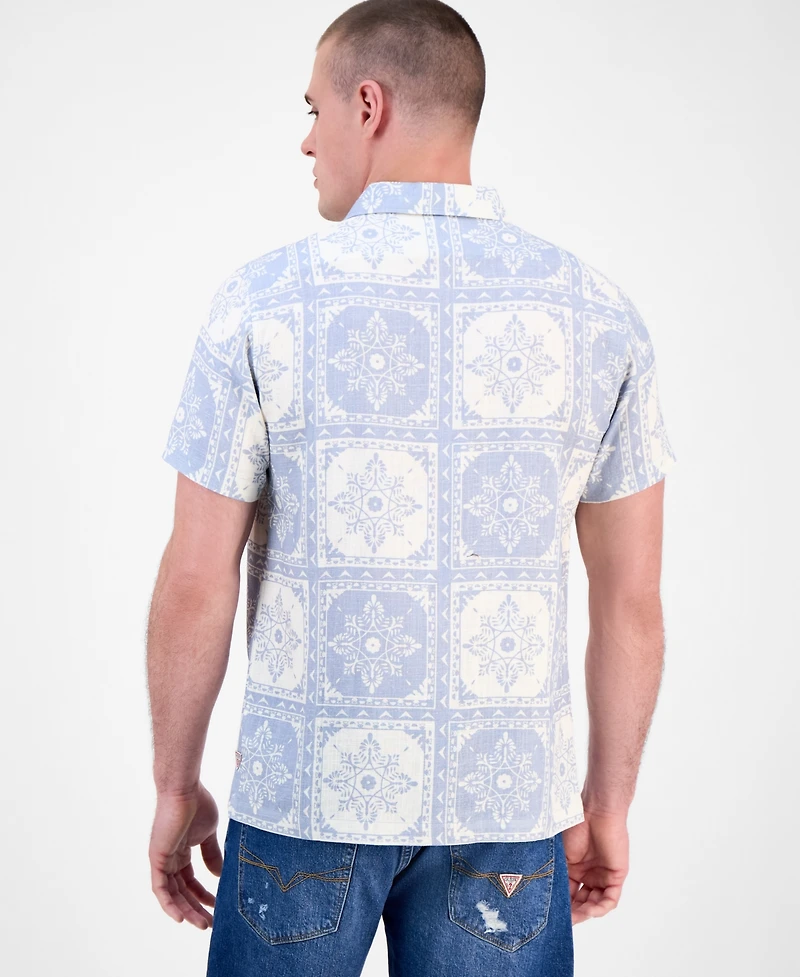 Guess Men's Mosley Short Sleeve Tile Print Button-Front Shirt