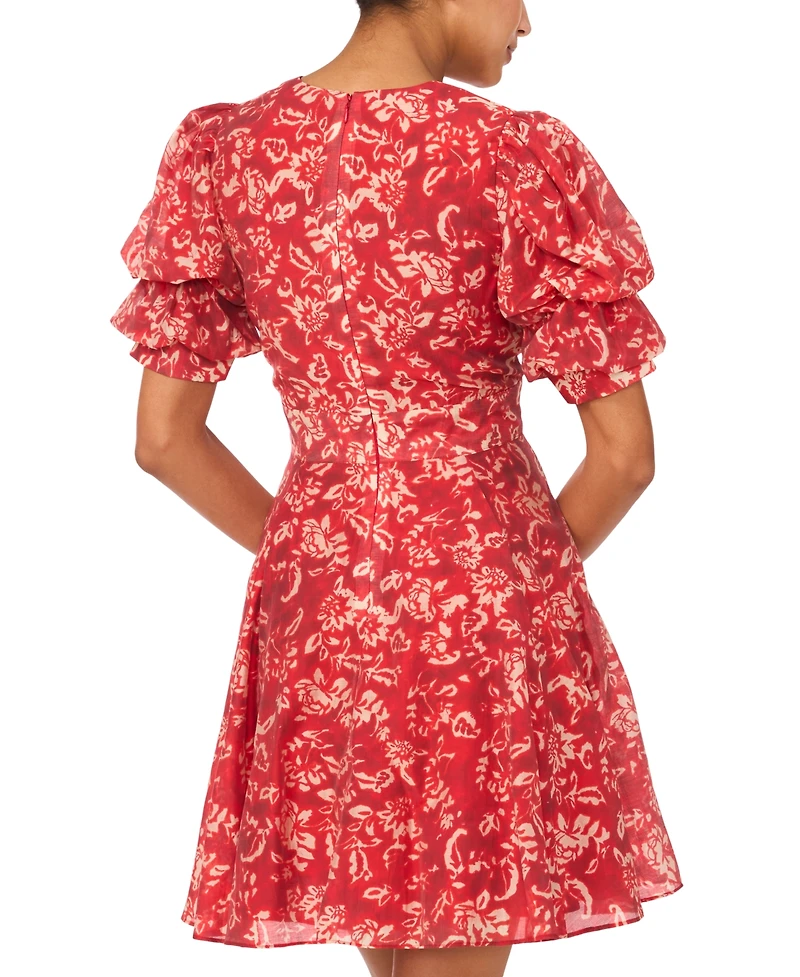 1.state Women's Printed V-Neck Bubble-Sleeve Dress