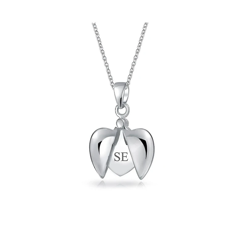 Inspirational My Angel Word Opening Heart Shape Angel Wing Locket Pendant Necklace .925 Sterling Silver