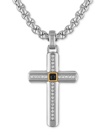 White & Black Diamond Cross 22" Pendant Necklace (1/6 ct. t.w.) in Stainless Steel