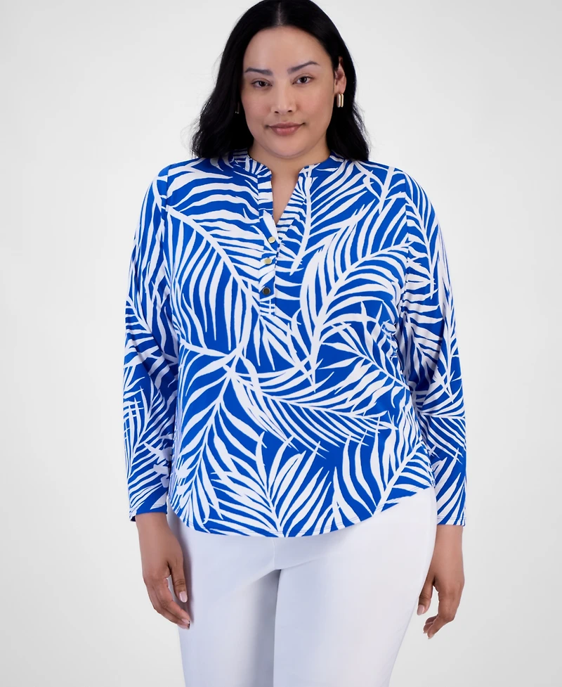INC Plus Printed Split-Neck Top, Exclusively at Macy's