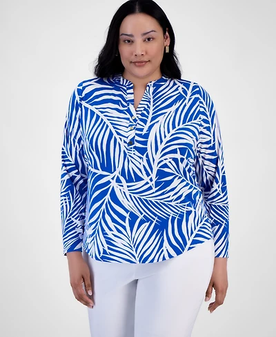 INC Plus Printed Split-Neck Top, Exclusively at Macy's