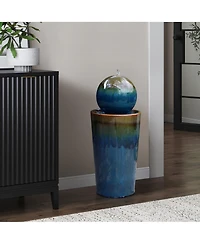 LuxenHome Glazed Blue and Brown Duo-Tone Sphere on Round Pillar Bubbler 30-Inch Tall Ceramic Fountain