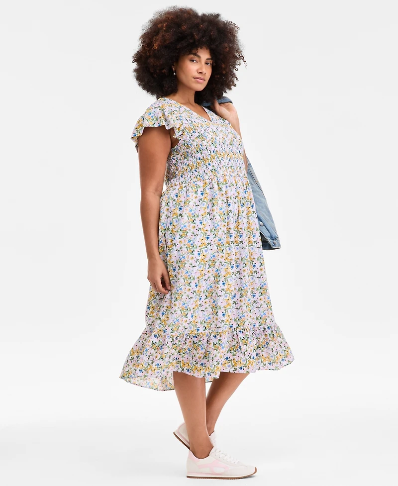 On 34th Plus Printed Flutter-Sleeve Smocked Midi Dress, Exclusively at Macy's