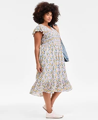 On 34th Plus Printed Flutter-Sleeve Smocked Midi Dress, Exclusively at Macy's