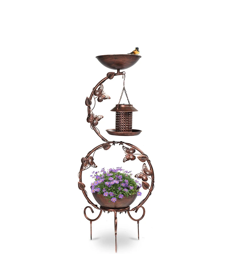 Bird Bath and Solar Bird Feeders Combo with Flower Planter Pedestal