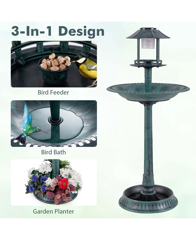 3-In-1 Pedestal Bird Bath with Solar Light with Bird Feeder & Flower Planter