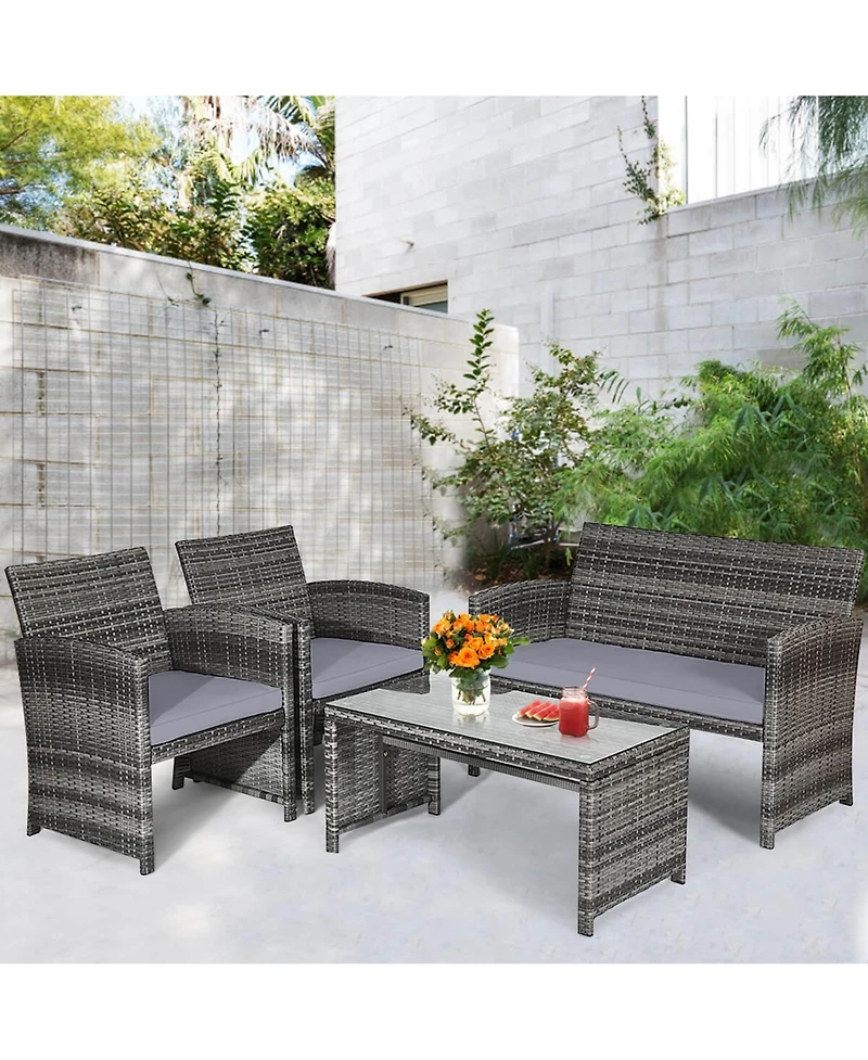4PCS Patio Rattan Furniture Set Conversation Glass Table Top