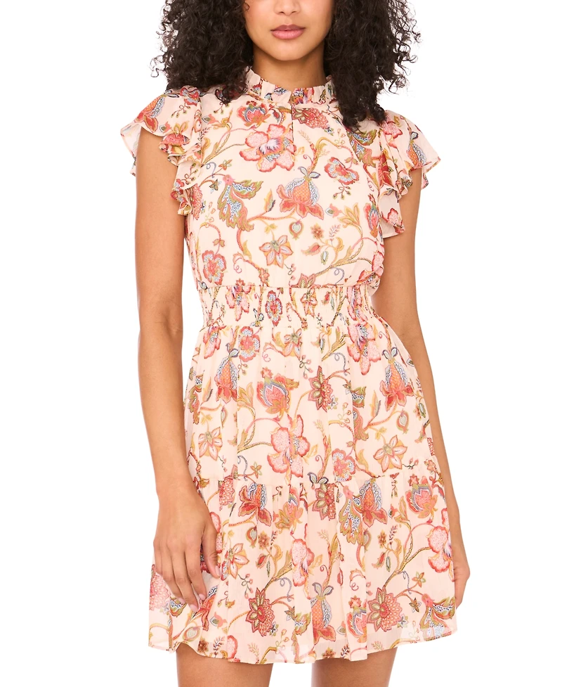 Msk Petite Floral-Print Flutter-Sleeve Smocked-Waist Dress