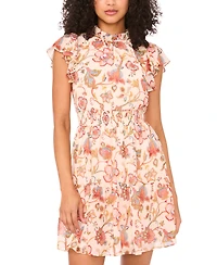 Msk Petite Floral-Print Flutter-Sleeve Smocked-Waist Dress