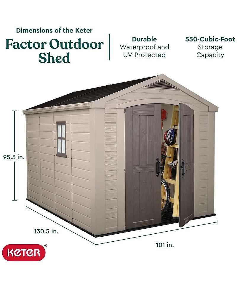 Keter 211203 Factor 8 x 11 All Weather Resistant Outdoor Storage Shed, Taupe