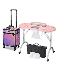 Byootique Manicure Table Nail Desk & Rolling Makeup Train Case Kit Mermaid Pink