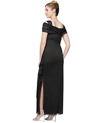 Alex Evenings Petite Cold-Shoulder Draped Metallic Gown
