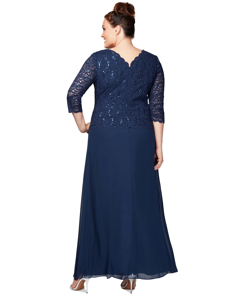 Alex Evenings Plus Sequined Scalloped Edge Lace Top Gown