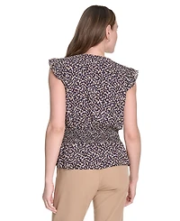 Tommy Hilfiger Women's Printed Smocked-Waist Flutter-Sleeve Blouse