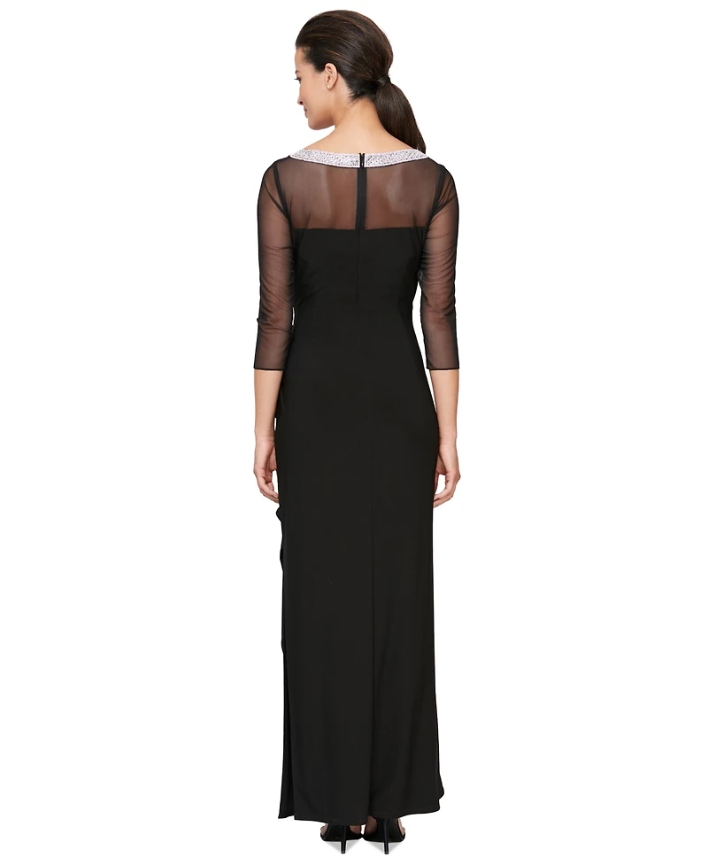 Alex Evenings Women's Embellished-Neck Side-Ruched Illusion Dress