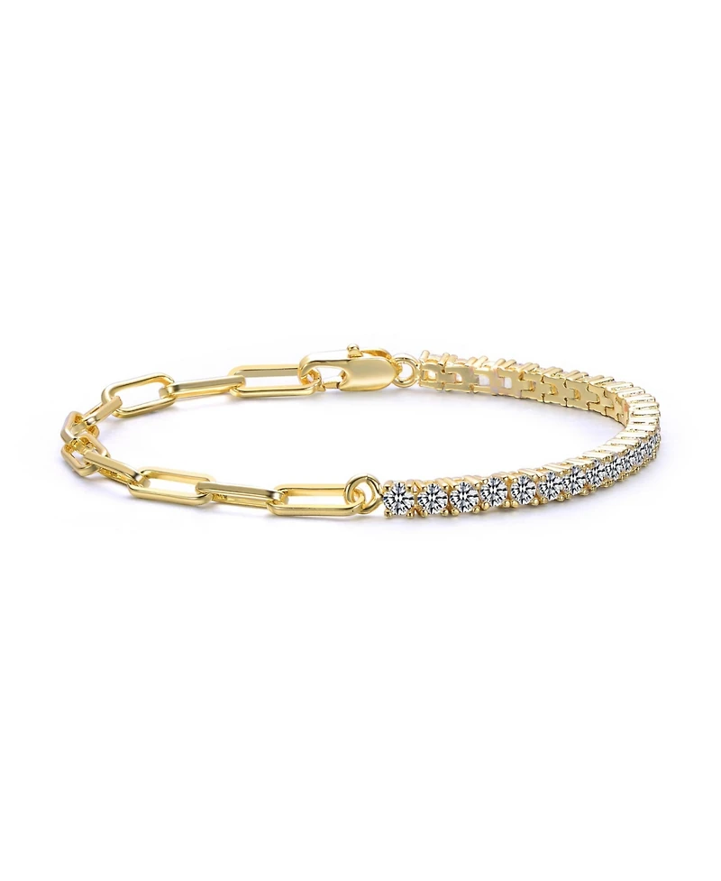 14K Gold Plated with Clear Cubic Zirconia Half Tennis Half Link Bracelet