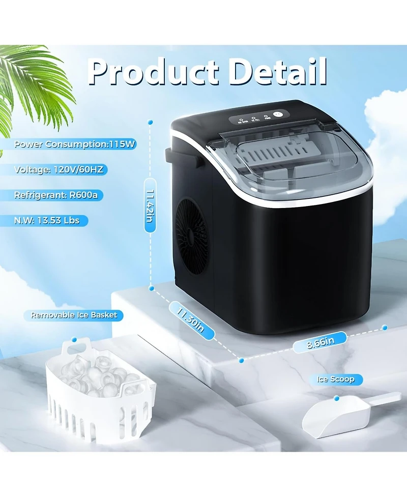 Zafro Countertop Ice Maker, Portable Machine with Self-Cleaning, 26.5 lbs/24H, Fast 9 Bullet Cubes 6 Mins, Compact Maker Basket &