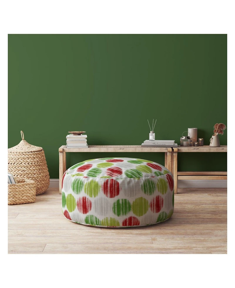 24" Green and White Cotton Round Polka Dots Pouf Ottoman